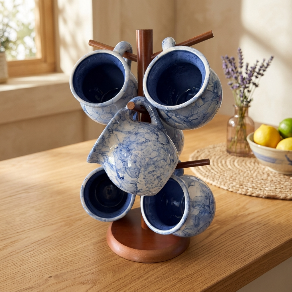 Set of 6 blue marbled ceramic jarrito mugs with brown stand, handmade Mexican pottery