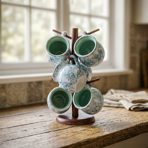 Set of 6 green marbled ceramic jarrito mugs with brown stand, handmade Mexican pottery