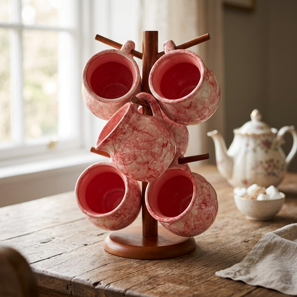 Set of 6 pink marbled ceramic jarrito mugs with brown stand, handmade Mexican pottery