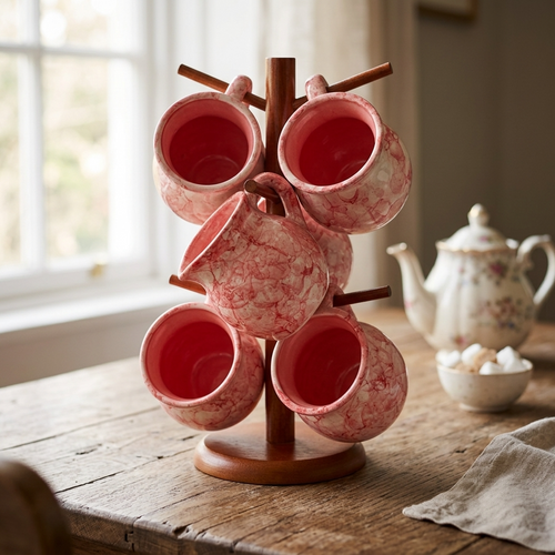 Set of 6 pink marbled ceramic jarrito mugs with brown stand, handmade Mexican pottery