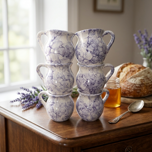 Set of 6 purple marbled ceramic jarrito mugs, handmade Mexican pottery