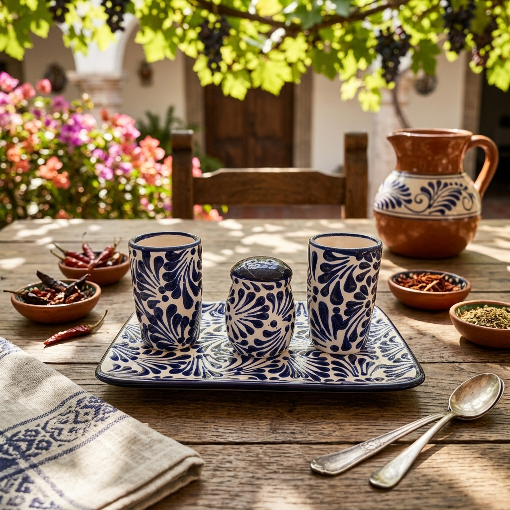 Pink Talavera shot glass held in hand, hand-painted Mexican tequila set