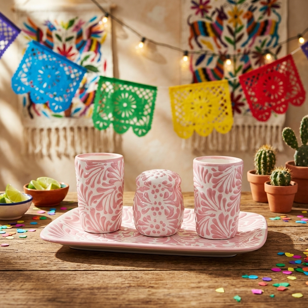 Black Talavera shot glass held in hand, handmade Mexican tequila drinkware