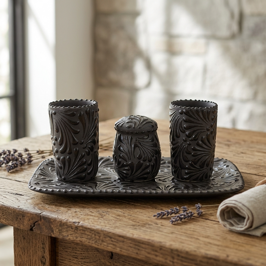 Black Talavera shot glasses with base tray, handmade Mexican pottery tequila set