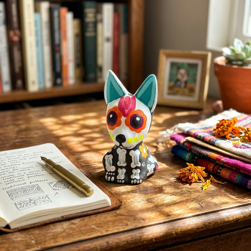 Skeleton dog alebrije on a Día de Muertos altar with sugar skulls and papel picado