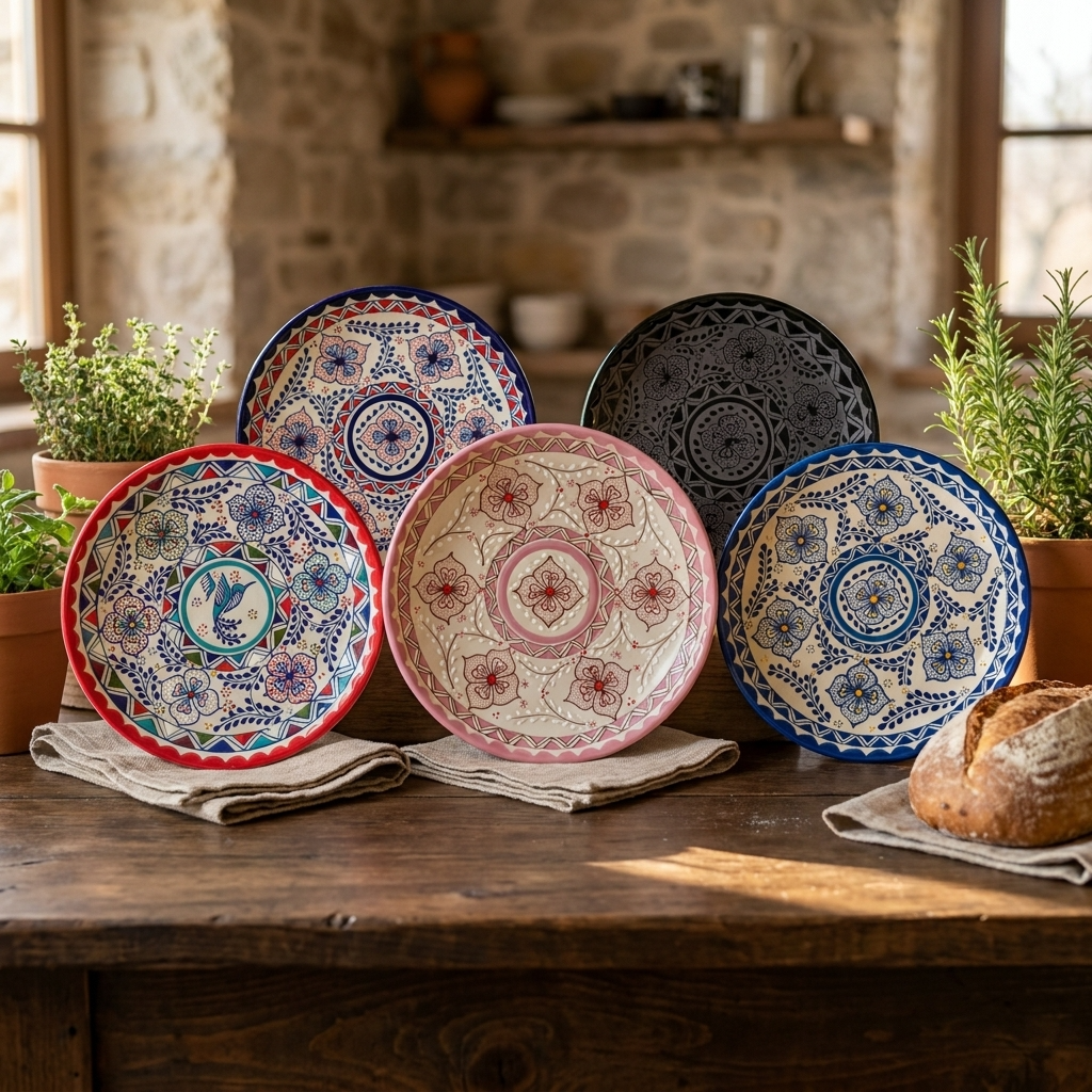 Mexican stonewaredinner plates in blue, pink, red and black on a rustic wood table set