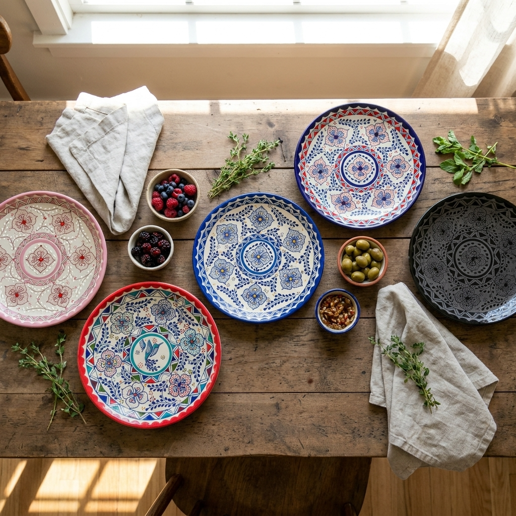 Mexican Stoneware dinner plates in blue, pink, red and black on a rustic wood table set