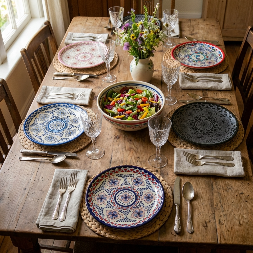 Mexican stoneware dinner plates in blue, pink, red and black on a rustic wood table set