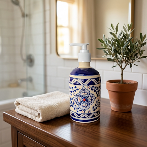 Stoneware floral soap dispenser with pump, handmade in Mexico