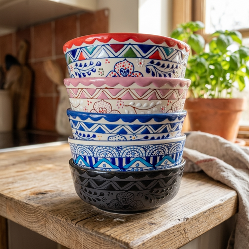 Stoneware serving bowls in all colors stacked, handmade Mexican pottery