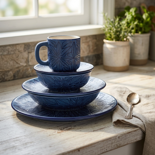 Artisan stoneware table setting with plates, bowls and mug, made in Mexico