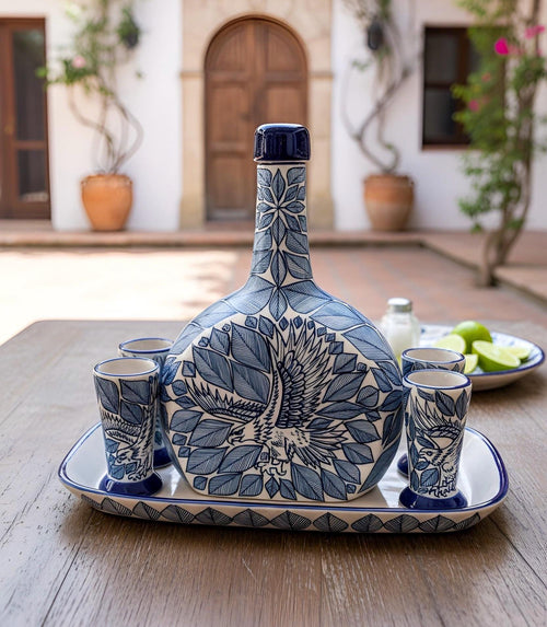 Stoneware tequila decanter set with 4 shot glasses and base, handmade Mexican pottery