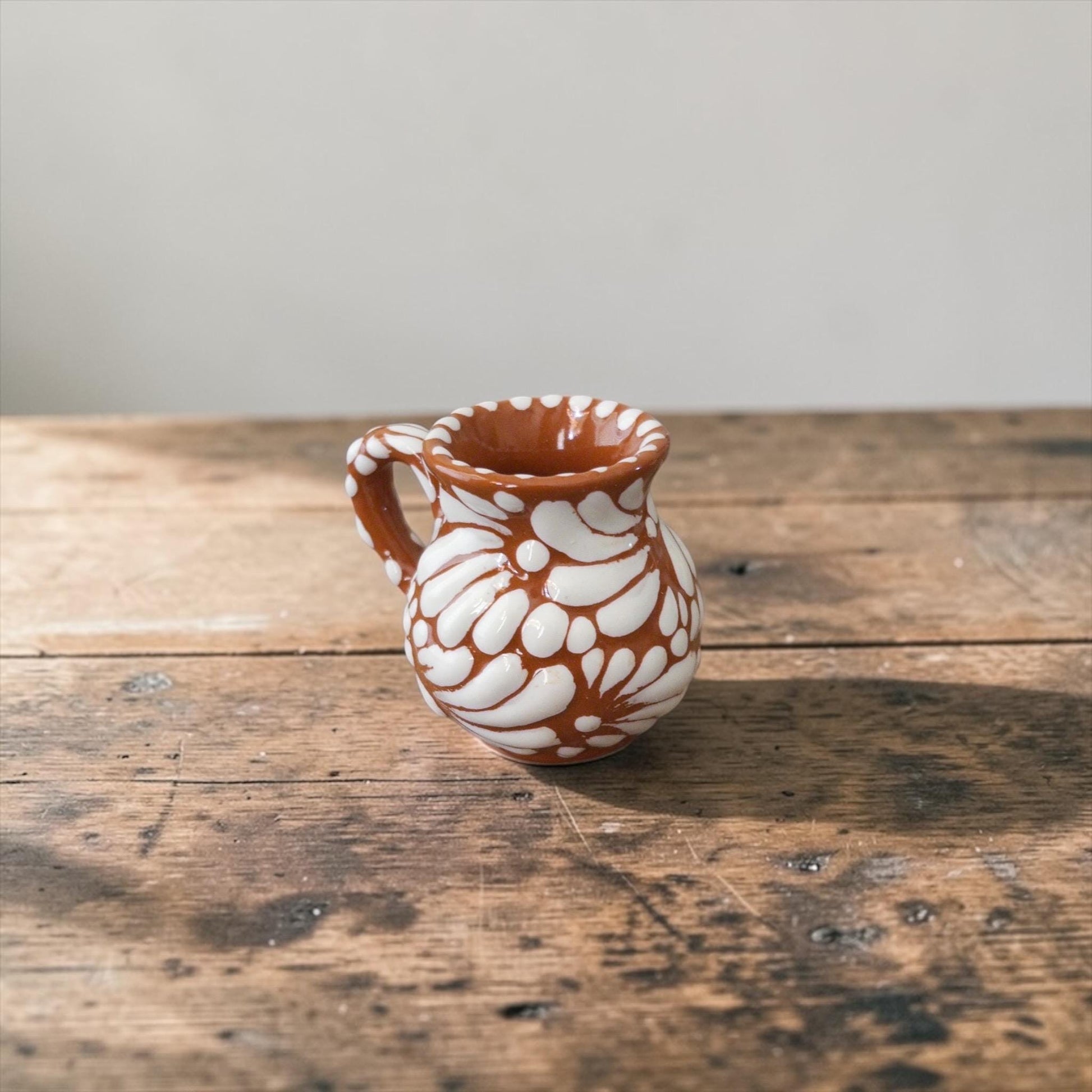 Brown Talavera jarrito shot glass handmade in Mexico