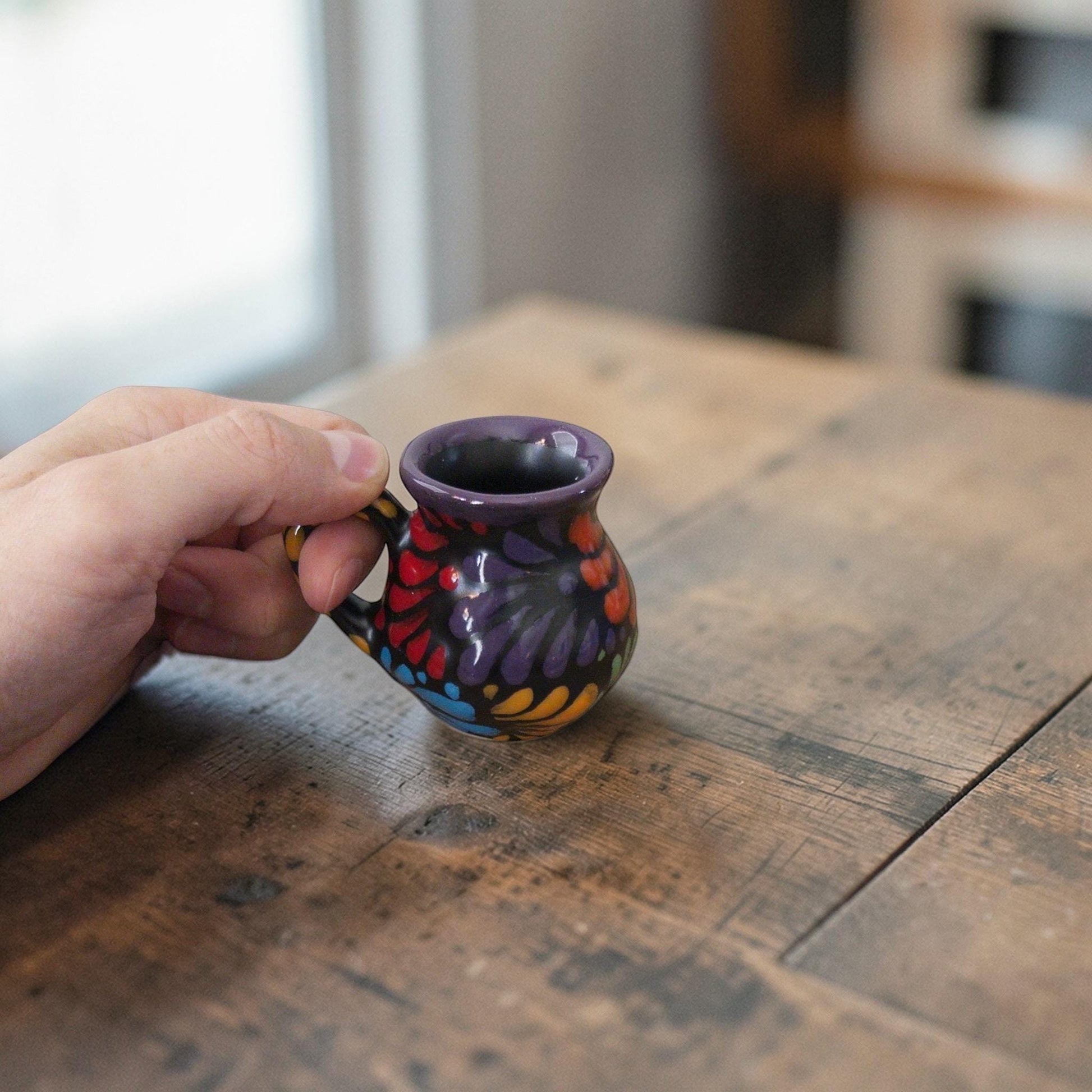 Multicolor black Talavera jarrito shot glass handmade in Mexico