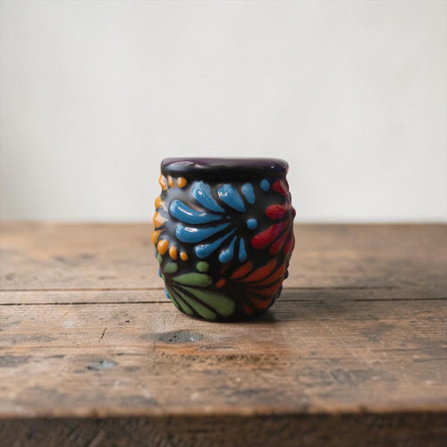 Hand-painted Talavera mini cantarito shot glass, colorful Mexican pottery