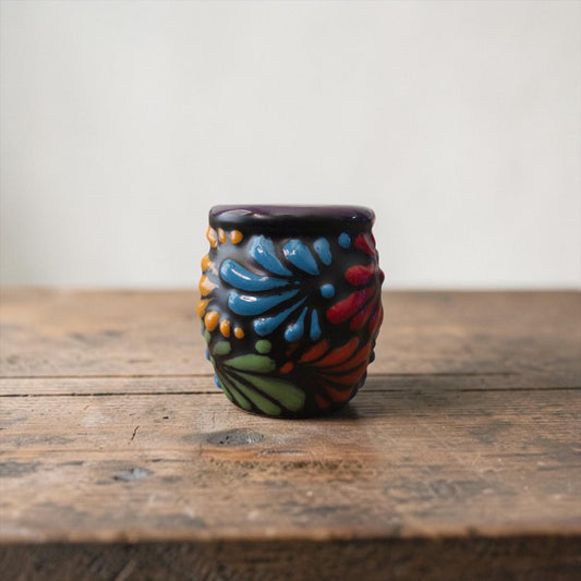 Hand-painted Talavera mini cantarito shot glass, colorful Mexican pottery