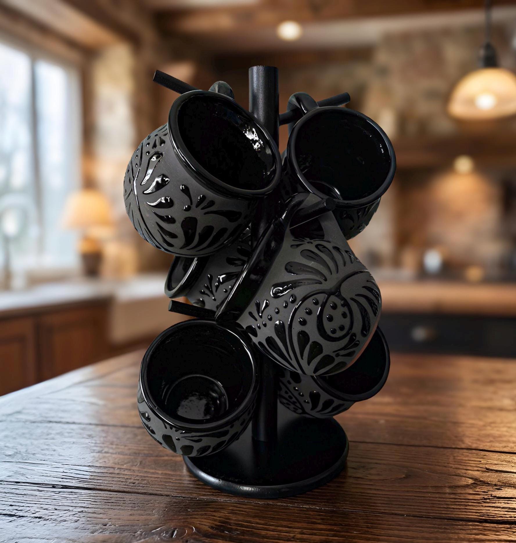 Handmade black Talavera mug set of 2, 3, 6, 6 with stand lead-free, hand-painted by Mexican artisans