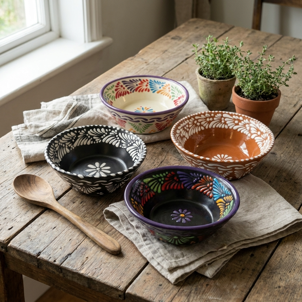 Handmade Talavera serving bowls in assorted colors, Mexican pottery