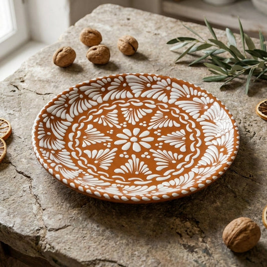 a Handmade Brown and White Talavera Serving Plate with a floral design