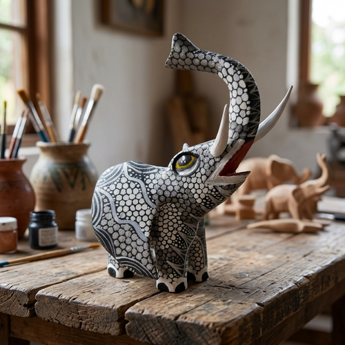 Hand-carved wood elephant alebrije with intricate painted patterns