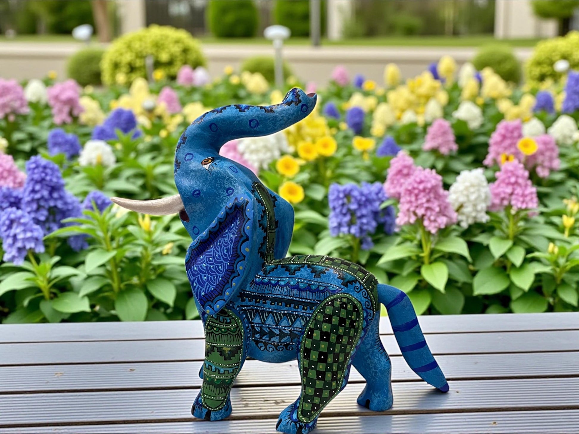 Wood elephant alebrije handpainted in blue, Oaxaca Mexican folk art