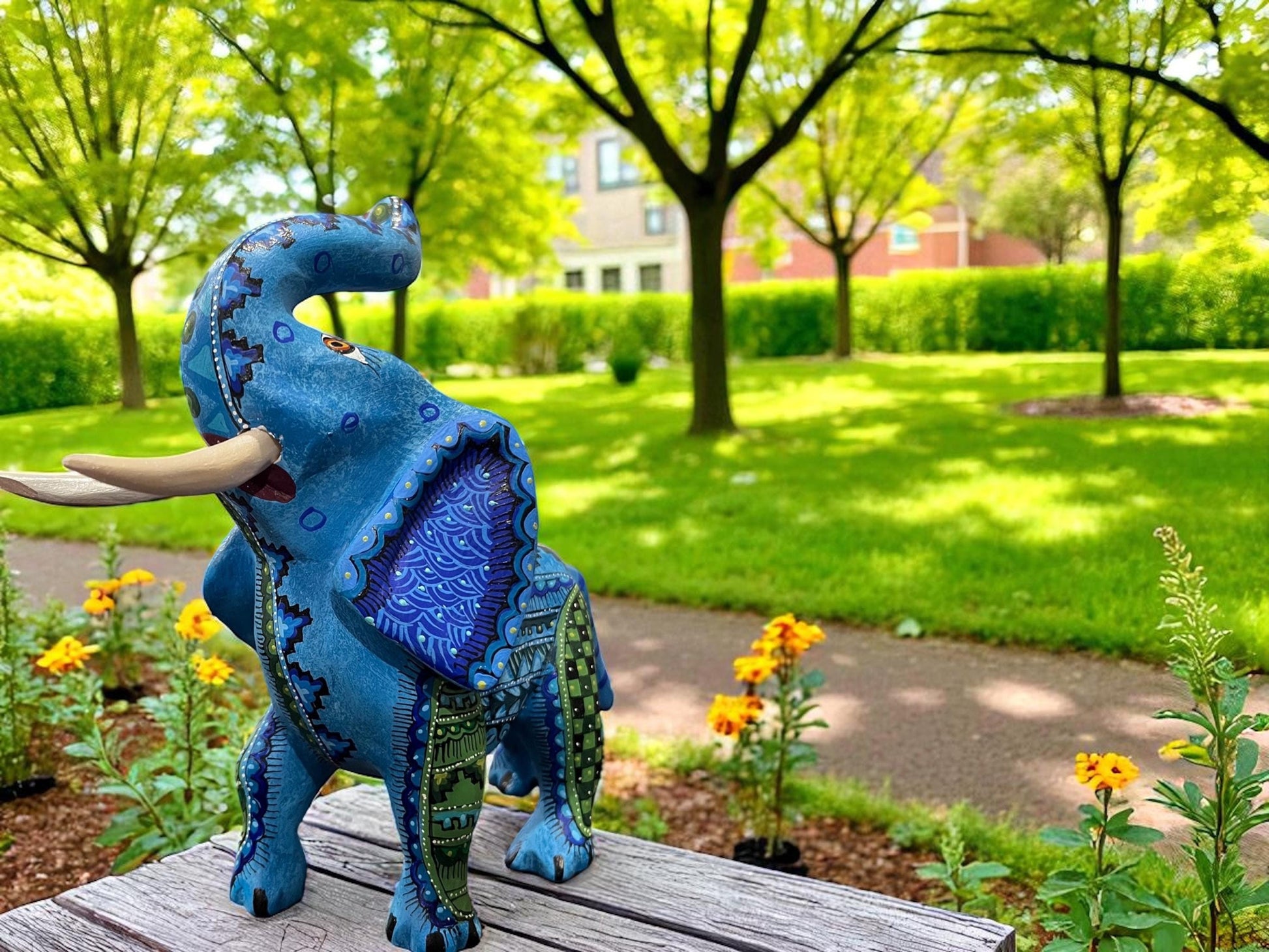 Wood elephant alebrije side view, handpainted Oaxaca Mexican folk art