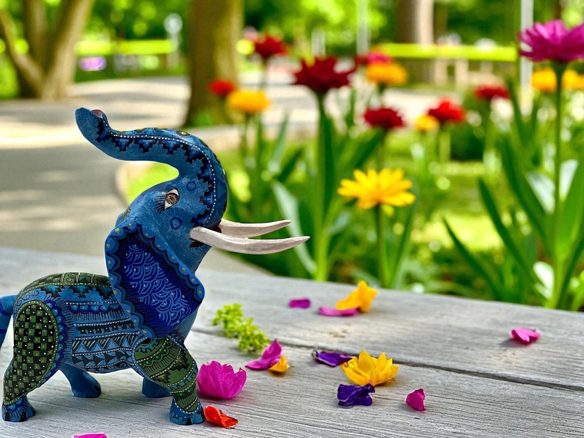 Wood elephant alebrije with flowers, handcarved Oaxaca Mexican folk art