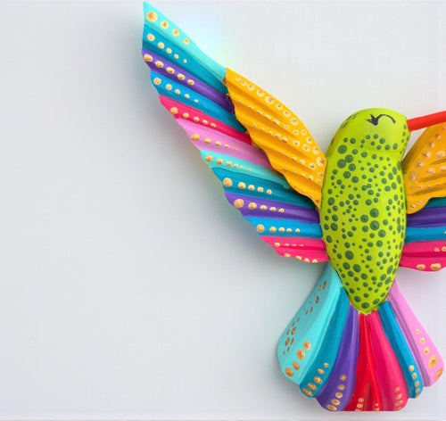 Multicolor wood hummingbird wall art display, handcarved Mexican folk art