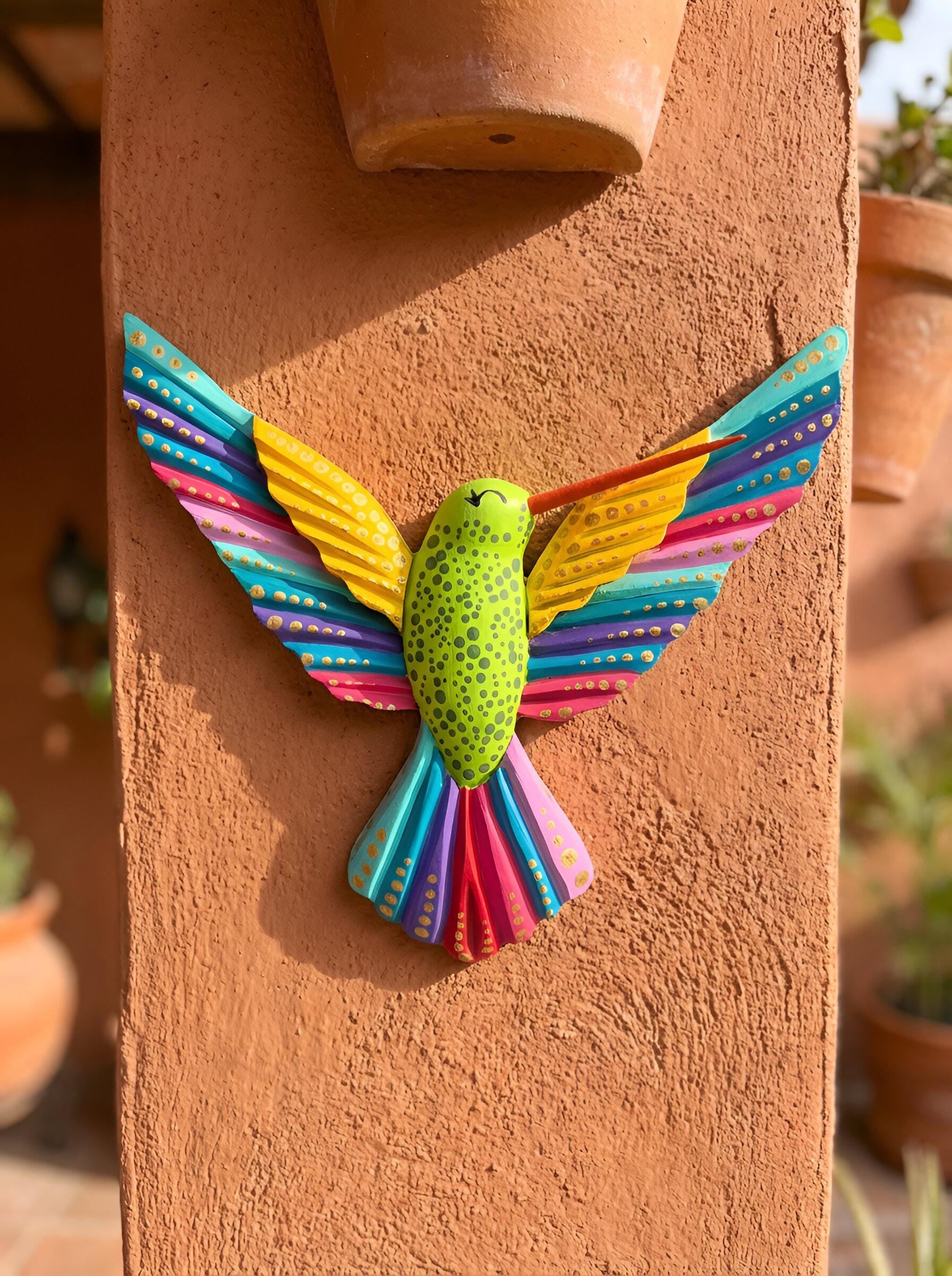 Multicolor wood hummingbird wall art front view, handcarved Mexican folk art