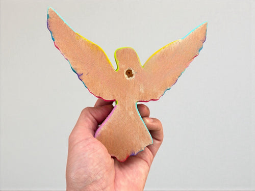 Multicolor wood hummingbird wall art on wall, handcarved Mexican folk art