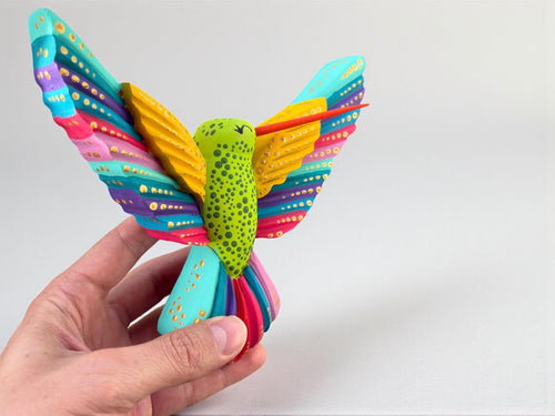 Multicolor wood hummingbird wall art hand-painted patterns, Mexican folk art