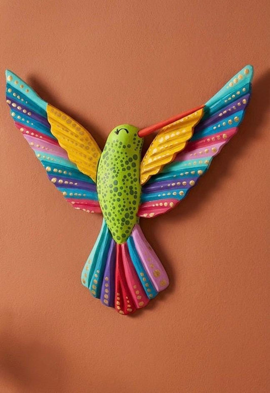 Multicolor wood hummingbird wall art side view, handcarved Mexican folk art